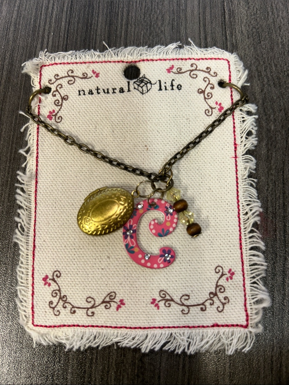 NATURAL LIFE Pink Floral 'C' Initial Necklace with Brass Charm